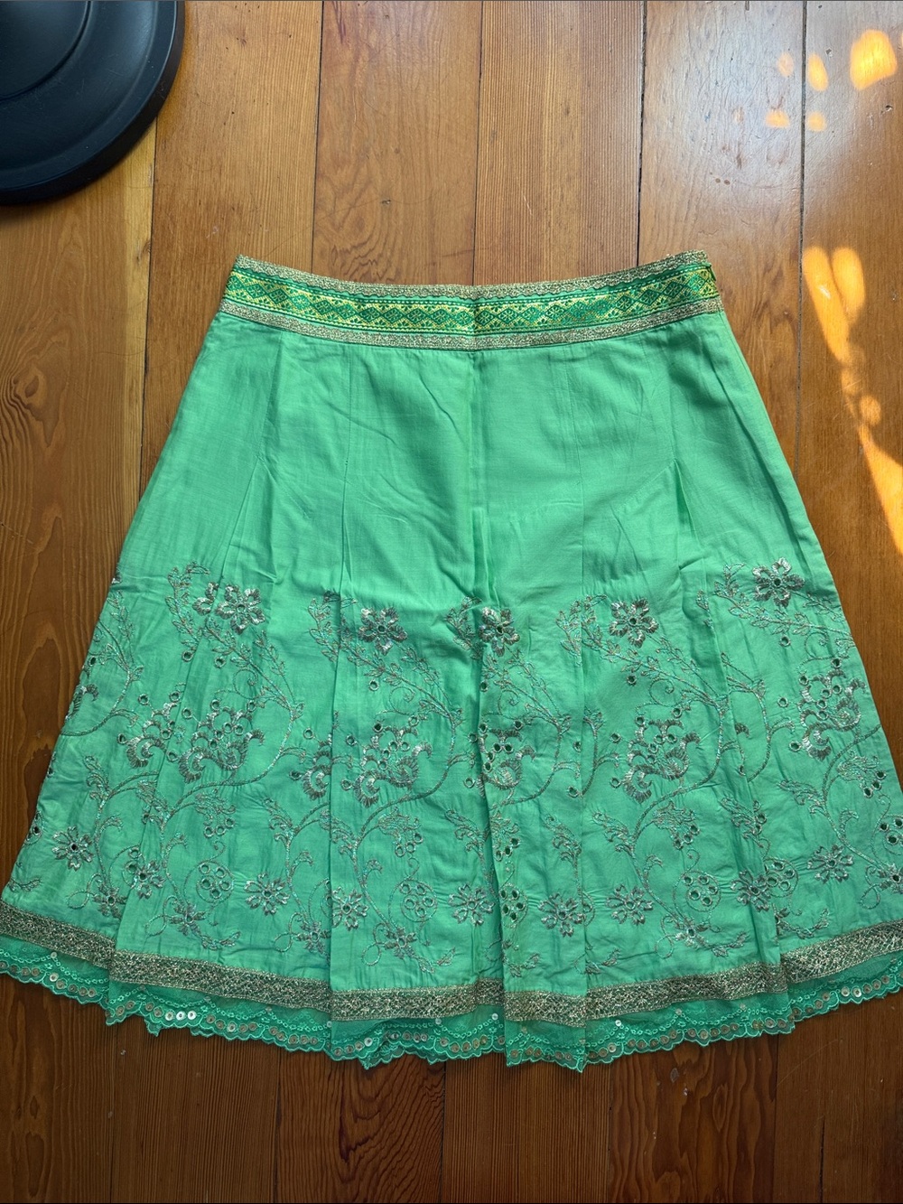 Embroidered Green A-Line Skirt